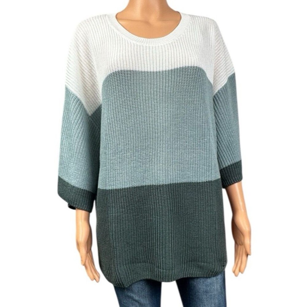 Matty M Womens Sweater XXL Knitted Teal& White Elbow Sleeves Pullover